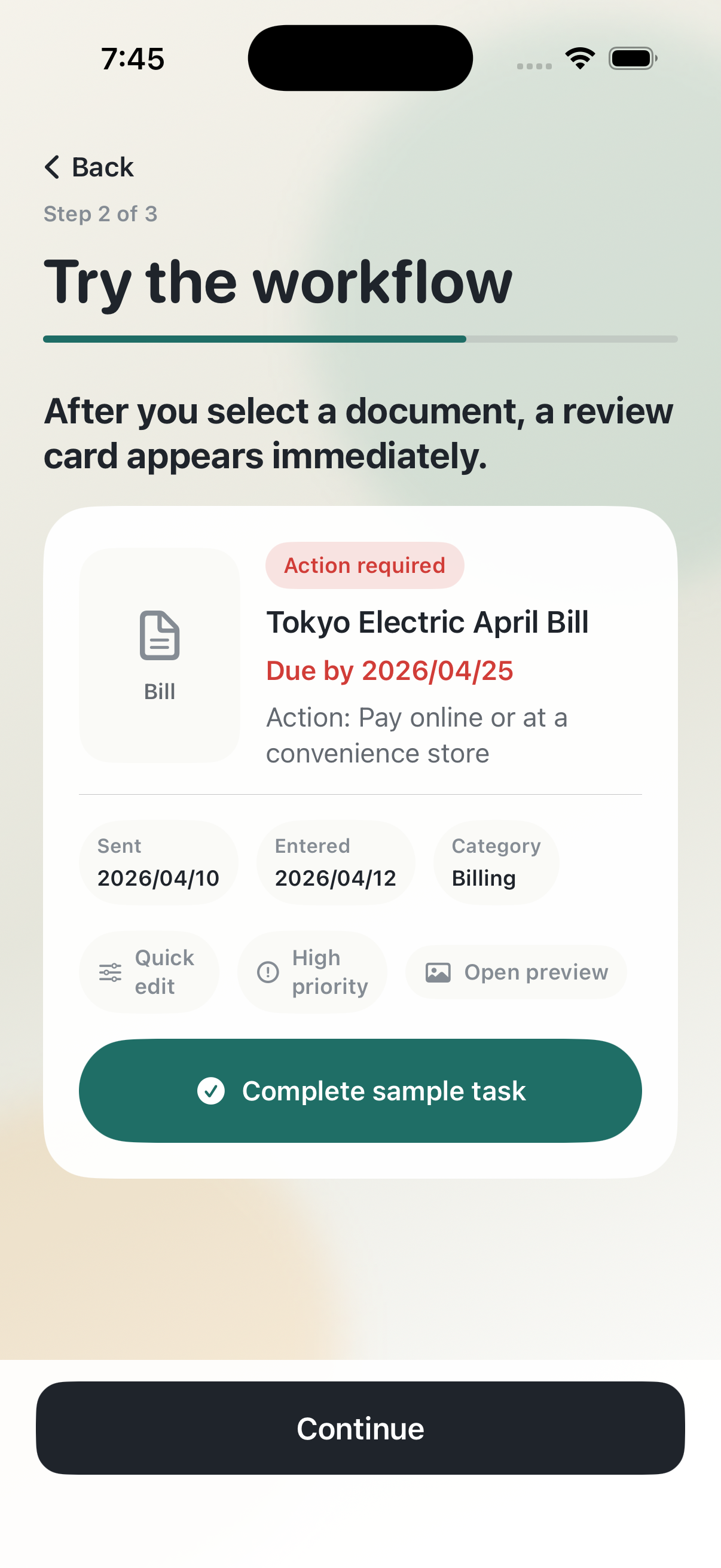 Kamimato iPhone app showing a sample electricity bill, its deadline, and the action required.